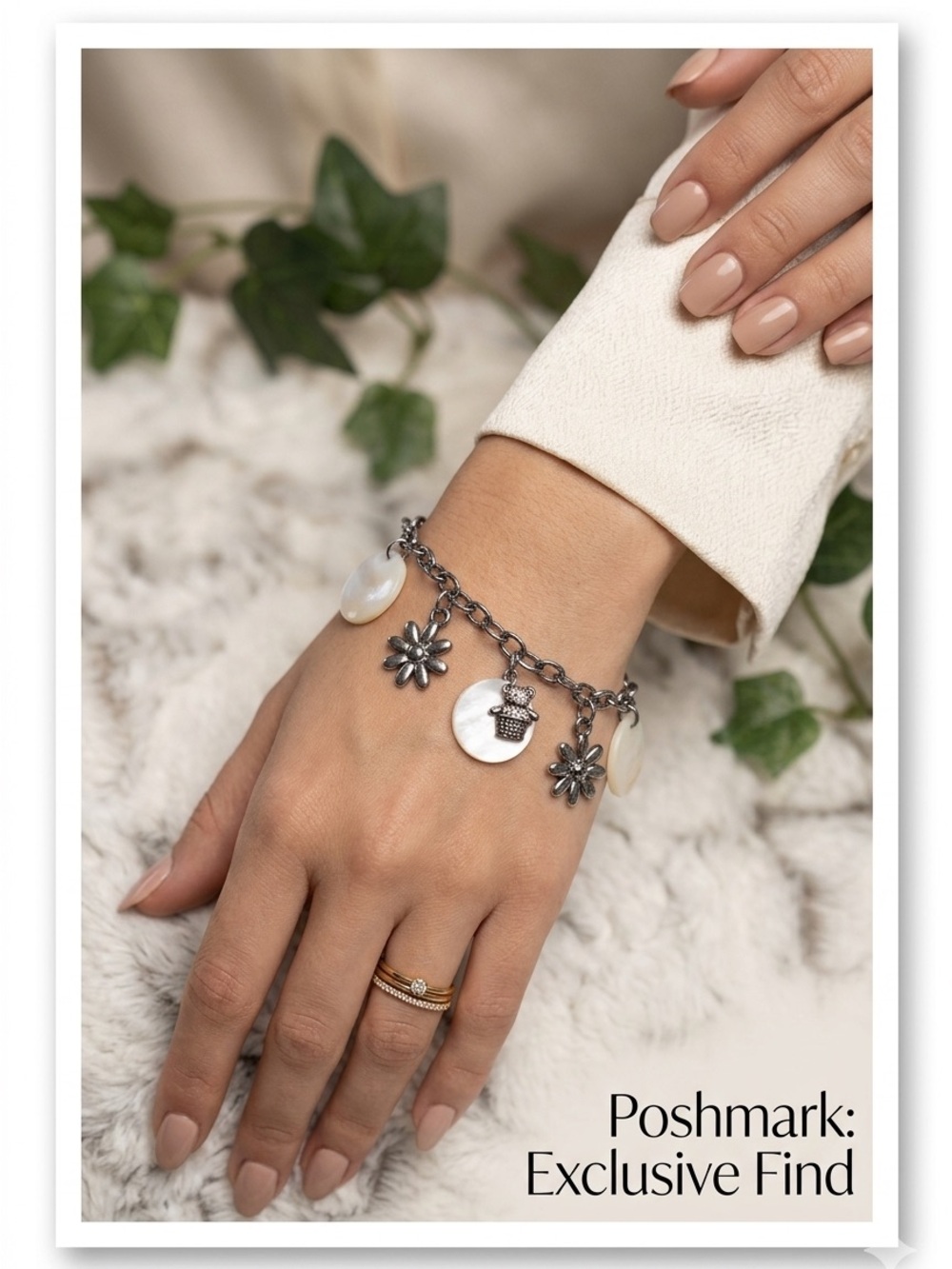 Elegant Sterling Silver Charm Bracelet arm/ankle w Floral Accents 7.5”Bear Clasp